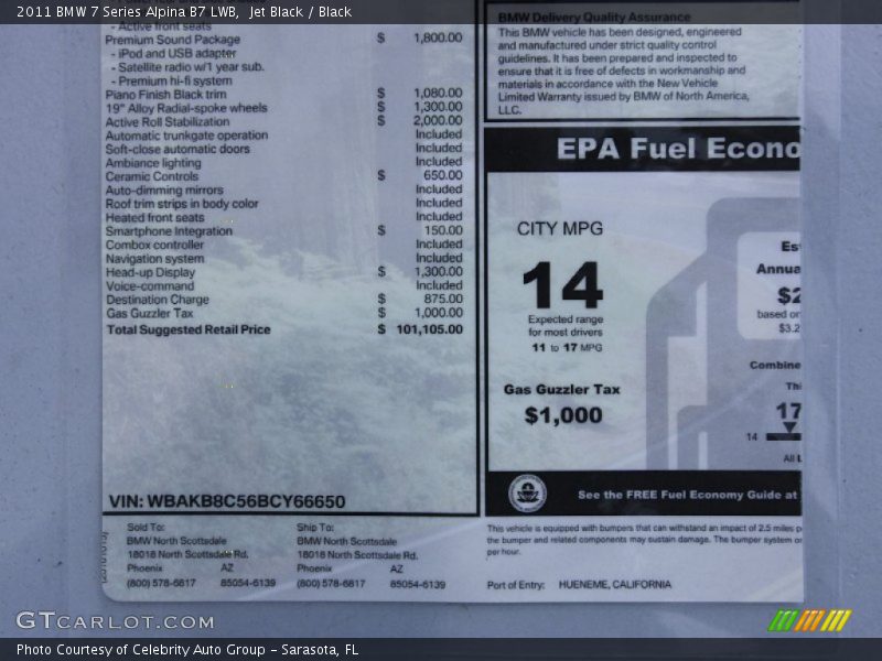  2011 7 Series Alpina B7 LWB Window Sticker