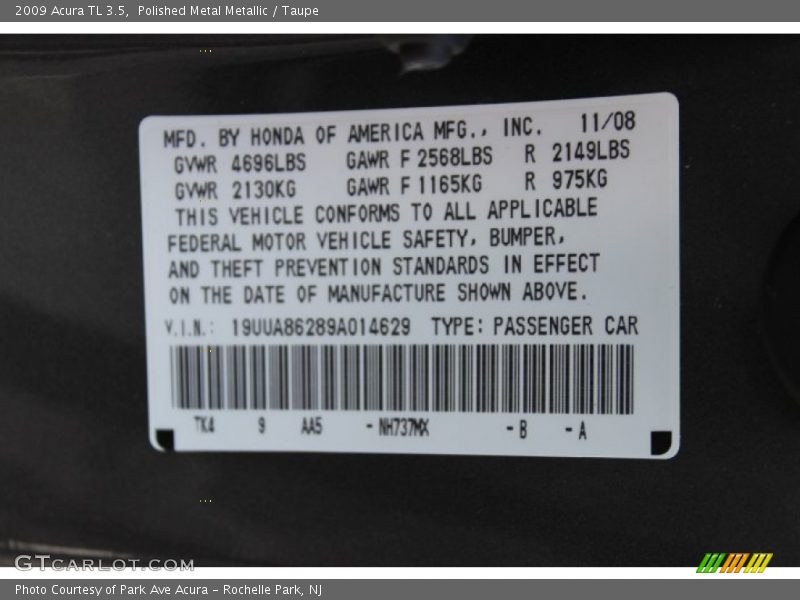 Polished Metal Metallic / Taupe 2009 Acura TL 3.5