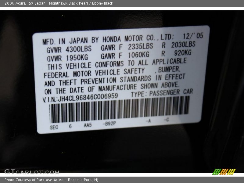 2006 TSX Sedan Nighthawk Black Pearl Color Code B92P