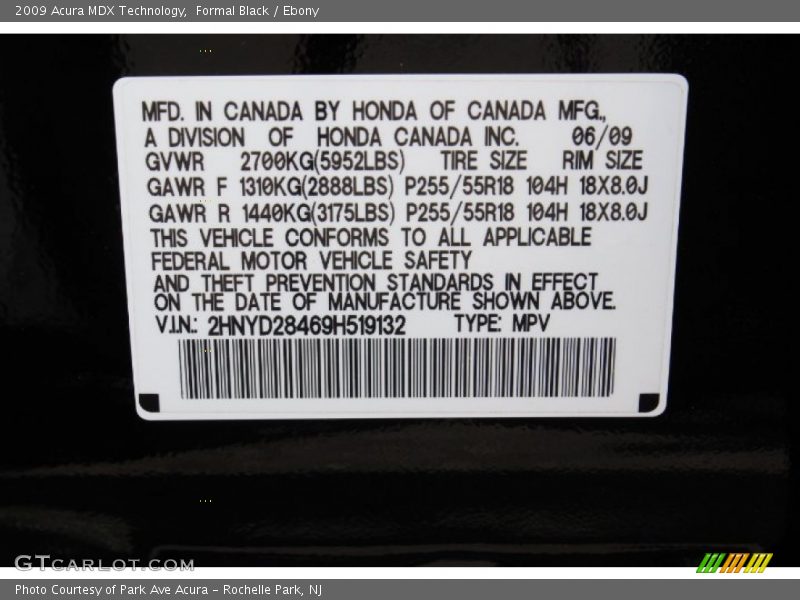 Formal Black / Ebony 2009 Acura MDX Technology