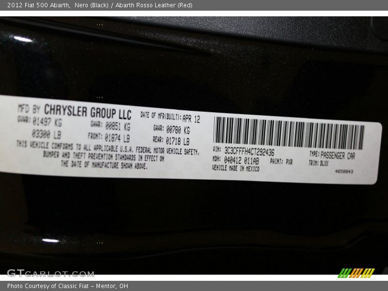 2012 500 Abarth Nero (Black) Color Code PXR