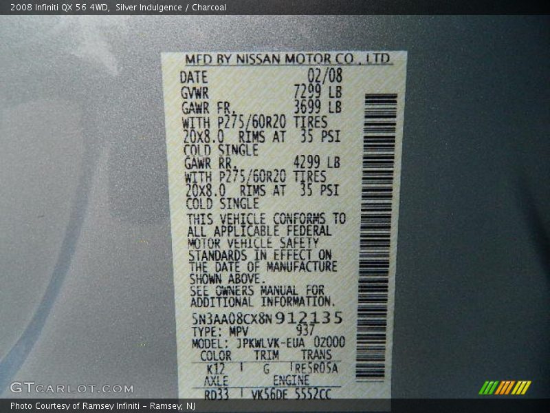 2008 QX 56 4WD Silver Indulgence Color Code K12
