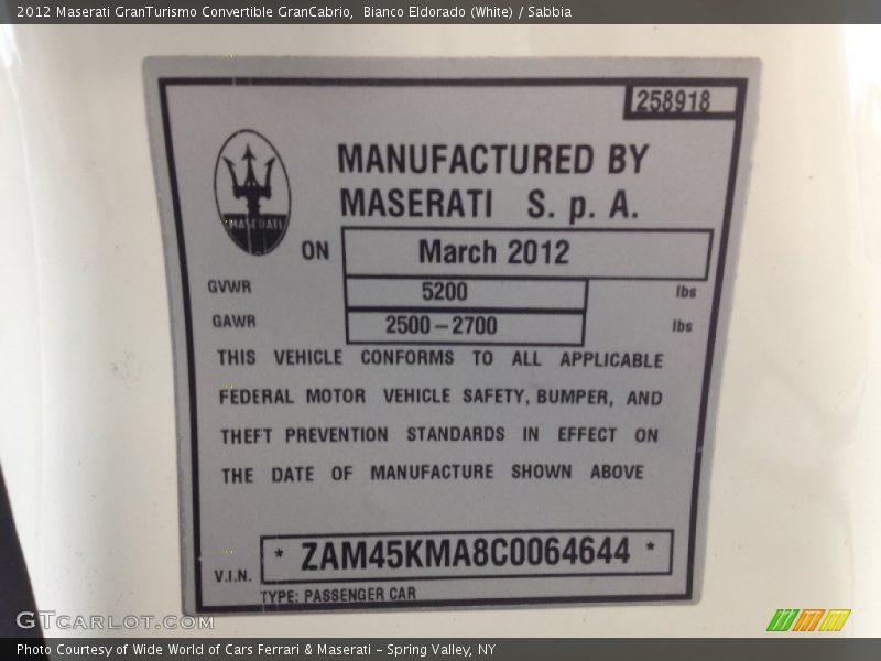 Info Tag of 2012 GranTurismo Convertible GranCabrio