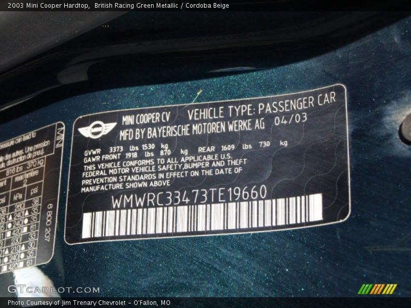 British Racing Green Metallic / Cordoba Beige 2003 Mini Cooper Hardtop