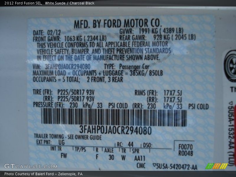 White Suede / Charcoal Black 2012 Ford Fusion SEL