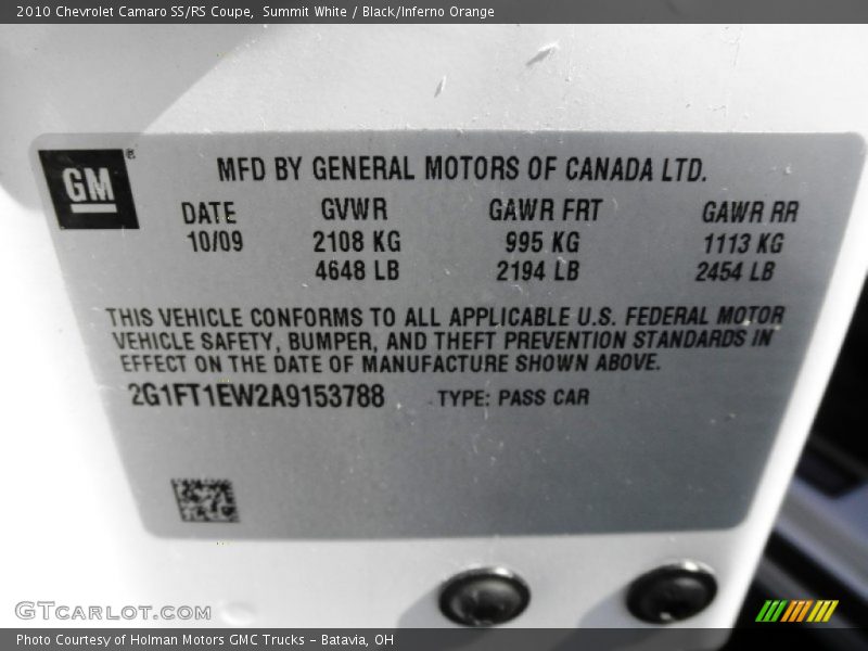 Summit White / Black/Inferno Orange 2010 Chevrolet Camaro SS/RS Coupe