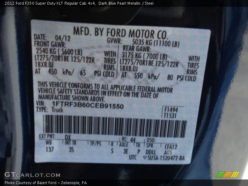 Dark Blue Pearl Metallic / Steel 2012 Ford F350 Super Duty XLT Regular Cab 4x4