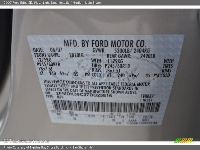 Light Sage Metallic / Medium Light Stone 2007 Ford Edge SEL Plus
