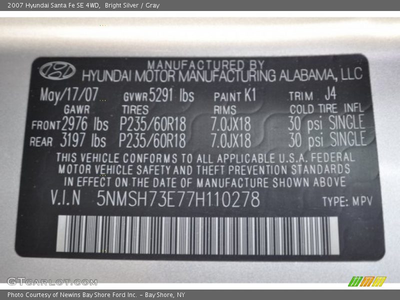 Bright Silver / Gray 2007 Hyundai Santa Fe SE 4WD