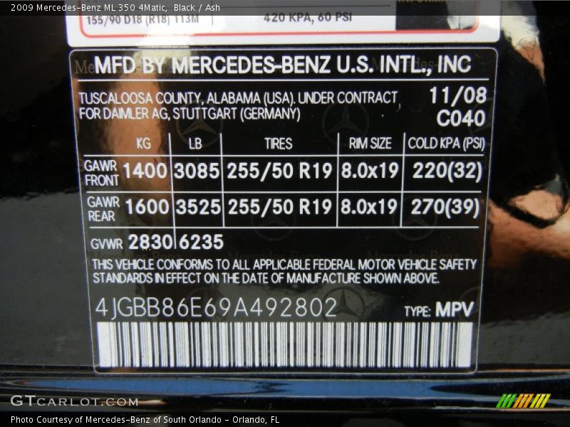 Black / Ash 2009 Mercedes-Benz ML 350 4Matic