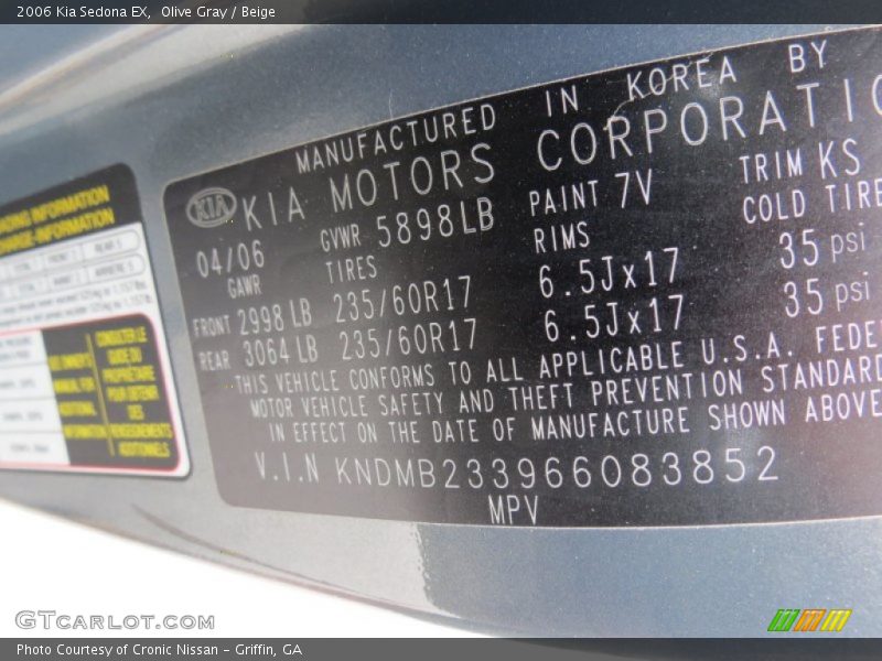 2006 Sedona EX Olive Gray Color Code 7V