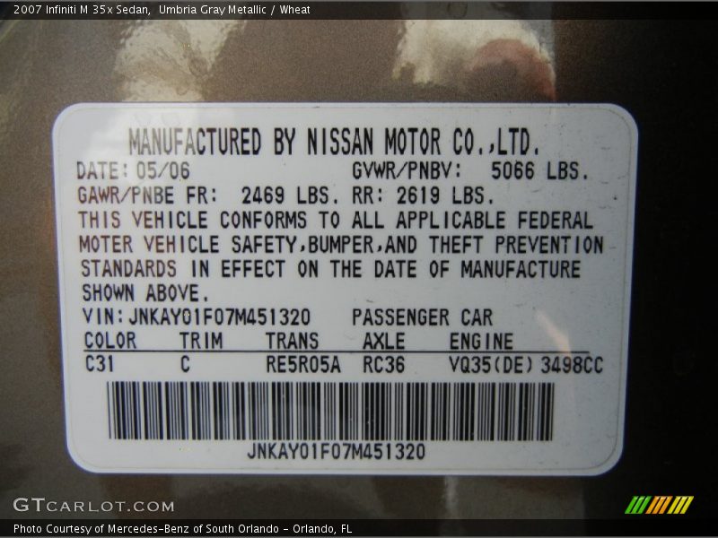 Umbria Gray Metallic / Wheat 2007 Infiniti M 35x Sedan