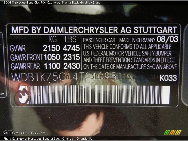 2004 CLK 500 Cabriolet Mocha Black Metallic Color Code 033