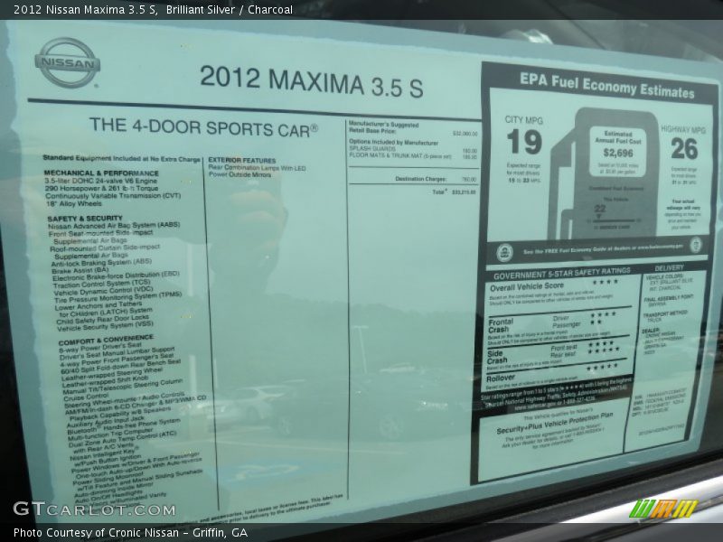 Brilliant Silver / Charcoal 2012 Nissan Maxima 3.5 S