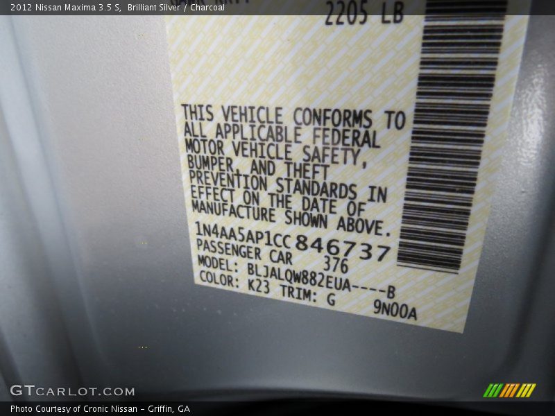 Brilliant Silver / Charcoal 2012 Nissan Maxima 3.5 S