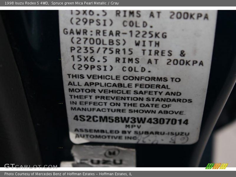 Spruce green Mica Pearl Metallic / Gray 1998 Isuzu Rodeo S 4WD