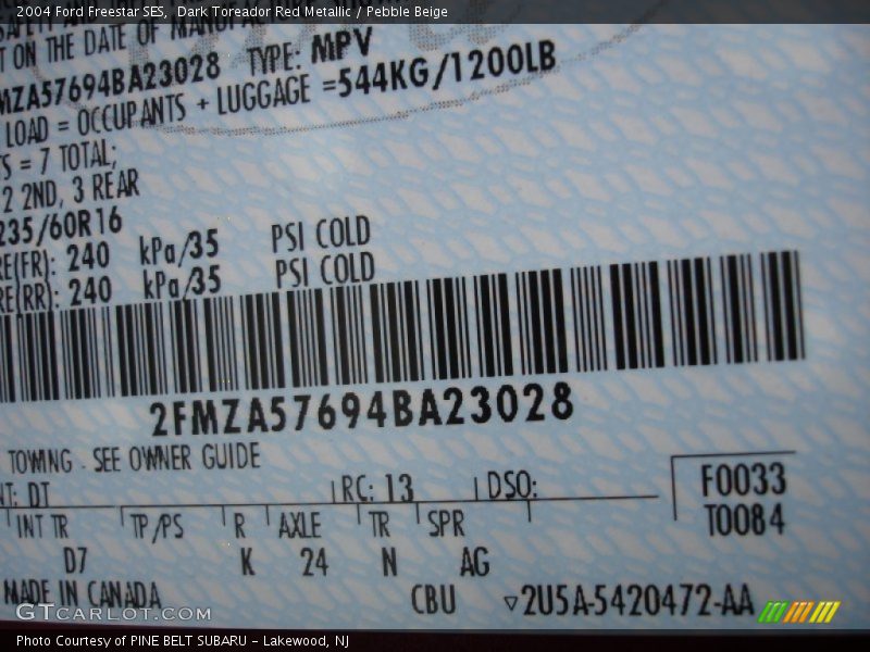 2004 Freestar SES Dark Toreador Red Metallic Color Code DT