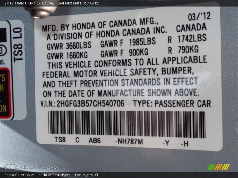 Cool Mist Metallic / Gray 2012 Honda Civic LX Coupe