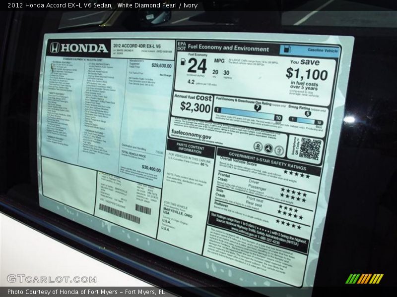 White Diamond Pearl / Ivory 2012 Honda Accord EX-L V6 Sedan