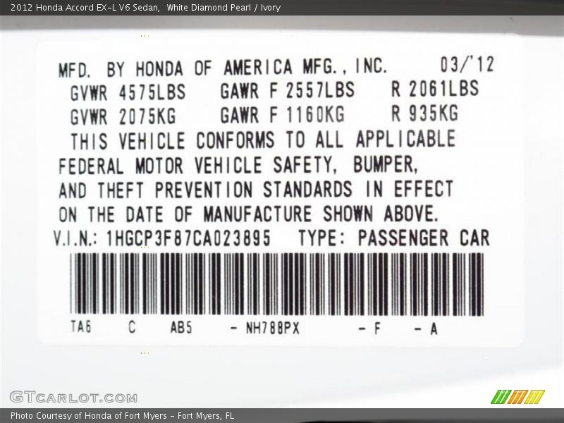 White Diamond Pearl / Ivory 2012 Honda Accord EX-L V6 Sedan