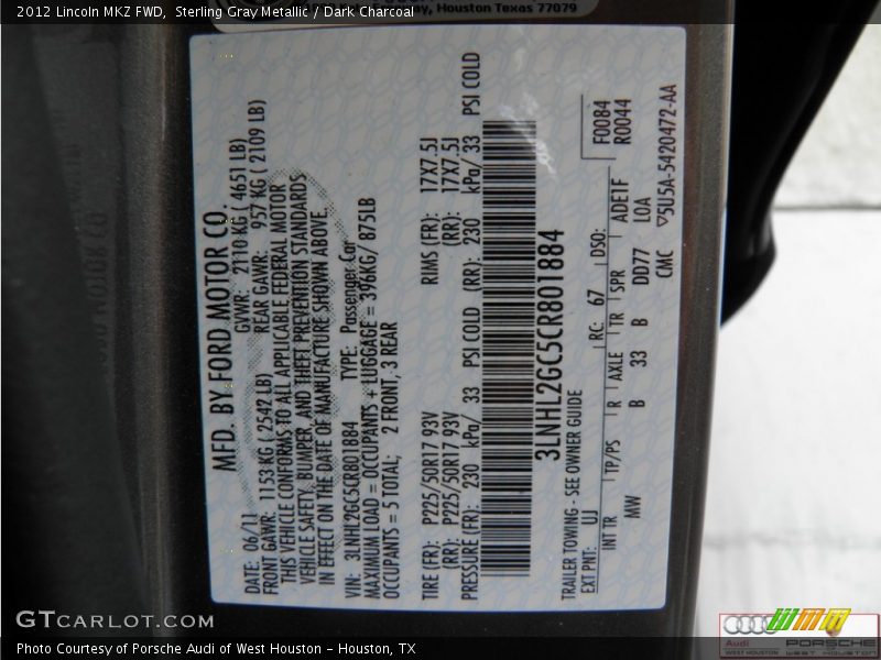Sterling Gray Metallic / Dark Charcoal 2012 Lincoln MKZ FWD