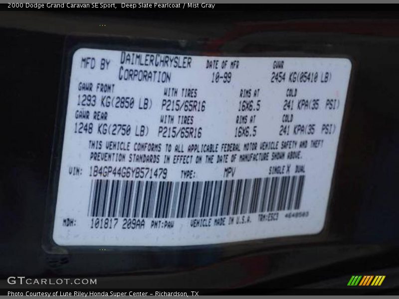Deep Slate Pearlcoat / Mist Gray 2000 Dodge Grand Caravan SE Sport