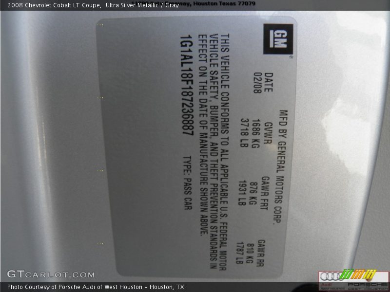 Ultra Silver Metallic / Gray 2008 Chevrolet Cobalt LT Coupe