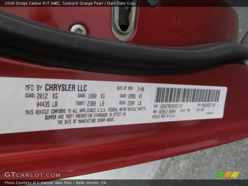 Sunburst Orange Pearl / Dark Slate Gray 2008 Dodge Caliber R/T AWD