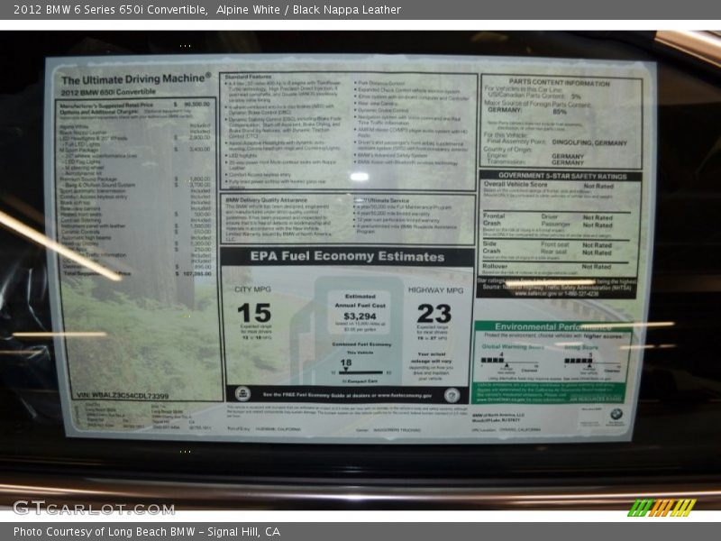  2012 6 Series 650i Convertible Window Sticker