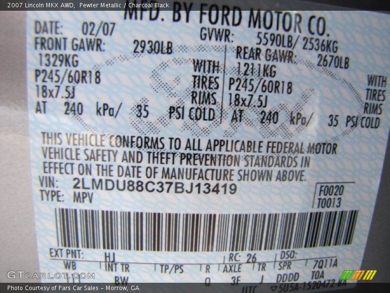 2007 MKX AWD Pewter Metallic Color Code HJ