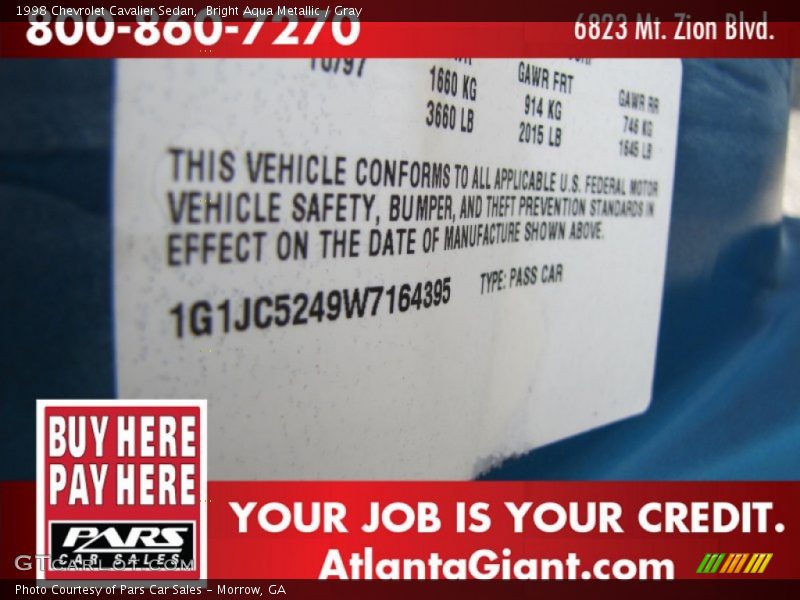Bright Aqua Metallic / Gray 1998 Chevrolet Cavalier Sedan