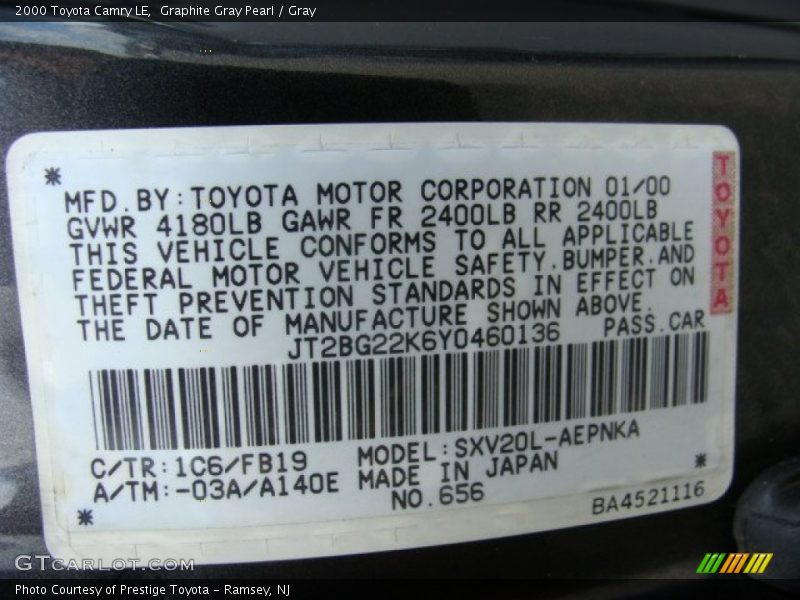 2000 Camry LE Graphite Gray Pearl Color Code 1C6
