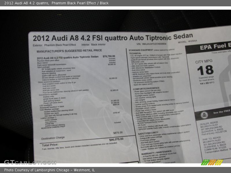  2012 A8 4.2 quattro Window Sticker