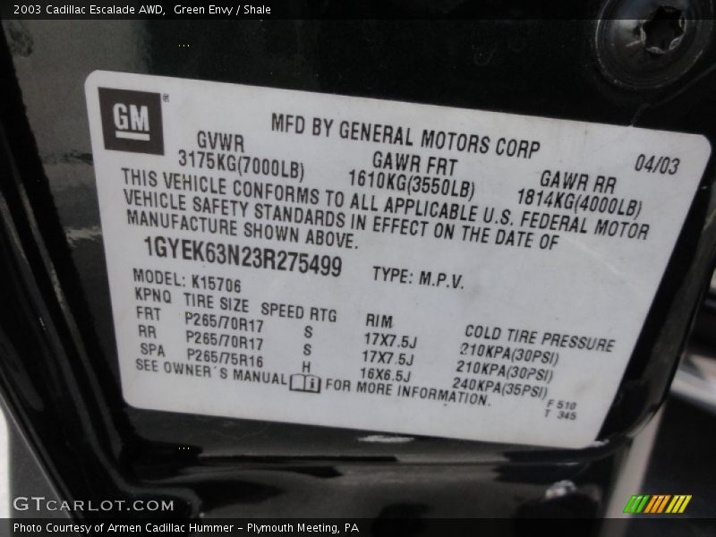 Green Envy / Shale 2003 Cadillac Escalade AWD