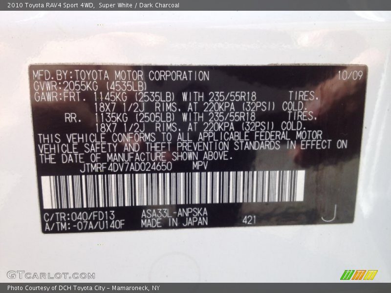 Super White / Dark Charcoal 2010 Toyota RAV4 Sport 4WD