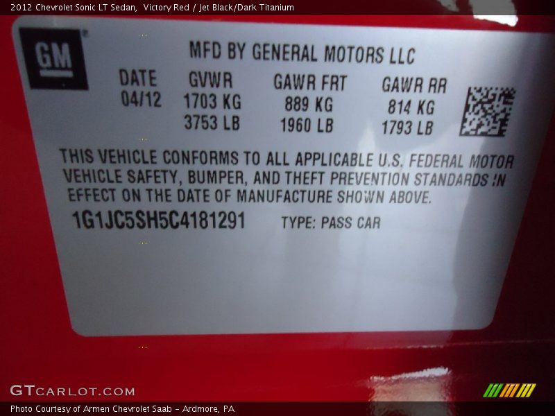 Victory Red / Jet Black/Dark Titanium 2012 Chevrolet Sonic LT Sedan