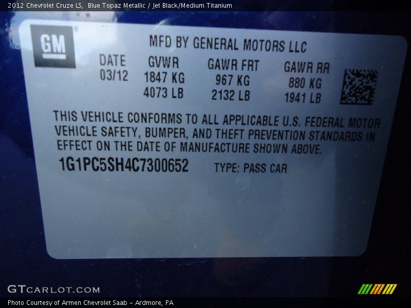 Blue Topaz Metallic / Jet Black/Medium Titanium 2012 Chevrolet Cruze LS