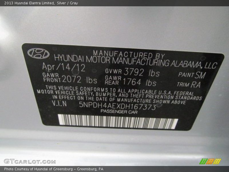 2013 Elantra Limited Silver Color Code SM
