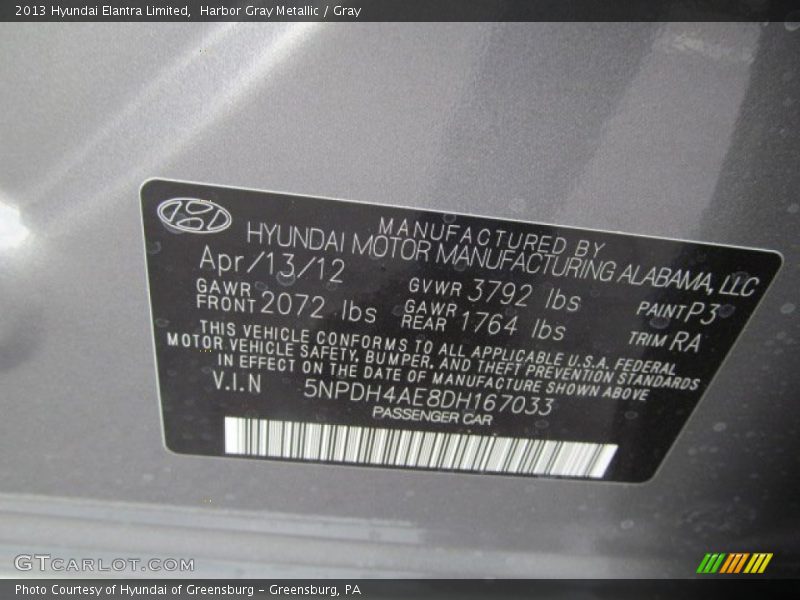 2013 Elantra Limited Harbor Gray Metallic Color Code P3