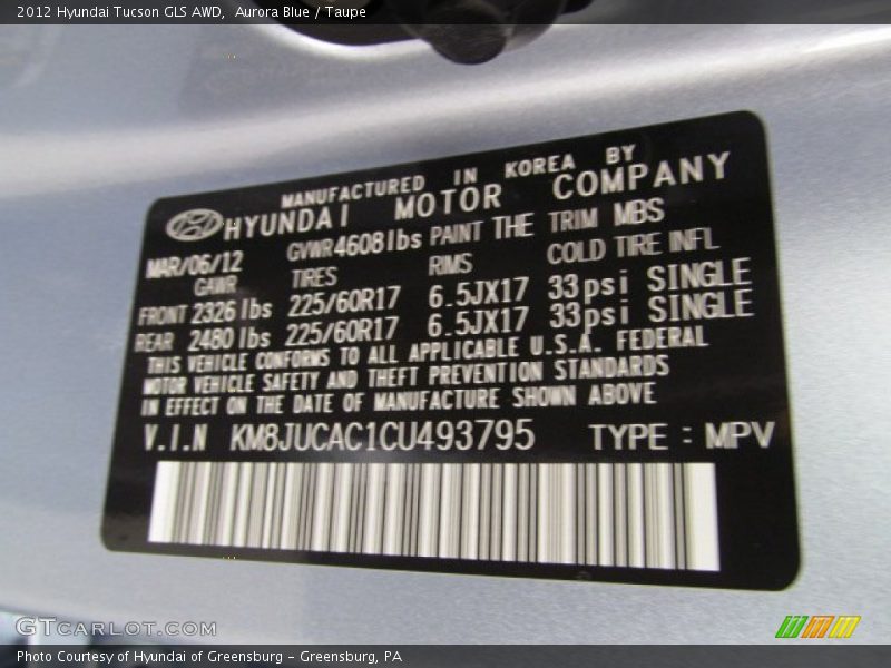 Aurora Blue / Taupe 2012 Hyundai Tucson GLS AWD