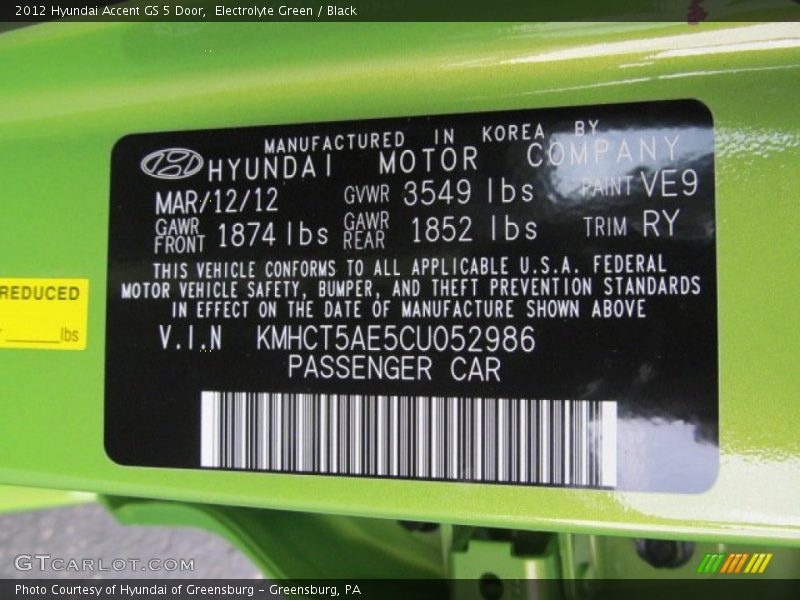 2012 Accent GS 5 Door Electrolyte Green Color Code VE9