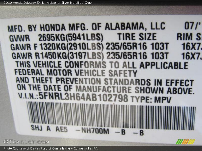 Alabaster Silver Metallic / Gray 2010 Honda Odyssey EX-L