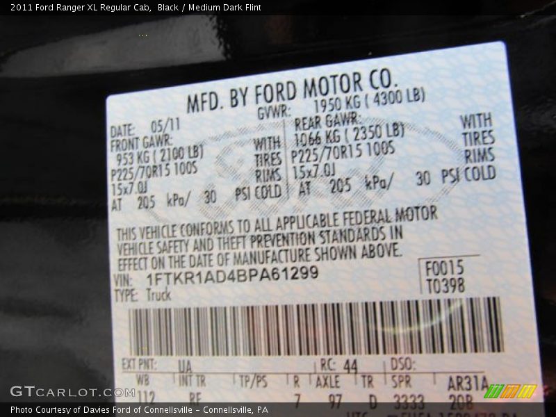 Black / Medium Dark Flint 2011 Ford Ranger XL Regular Cab