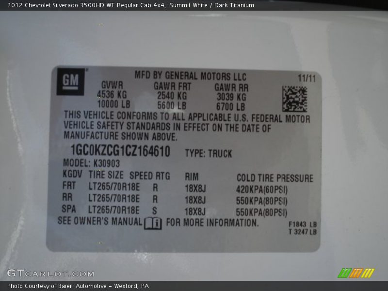 Summit White / Dark Titanium 2012 Chevrolet Silverado 3500HD WT Regular Cab 4x4