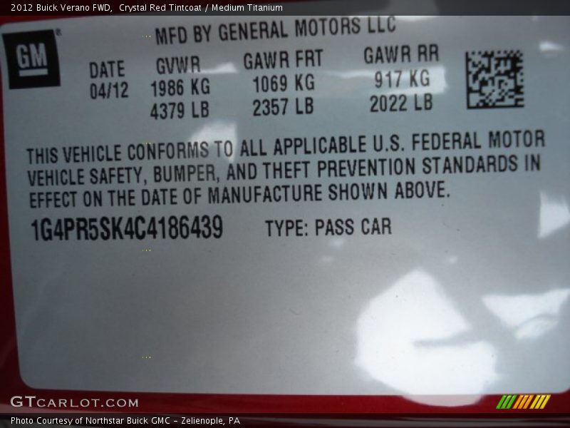 Crystal Red Tintcoat / Medium Titanium 2012 Buick Verano FWD