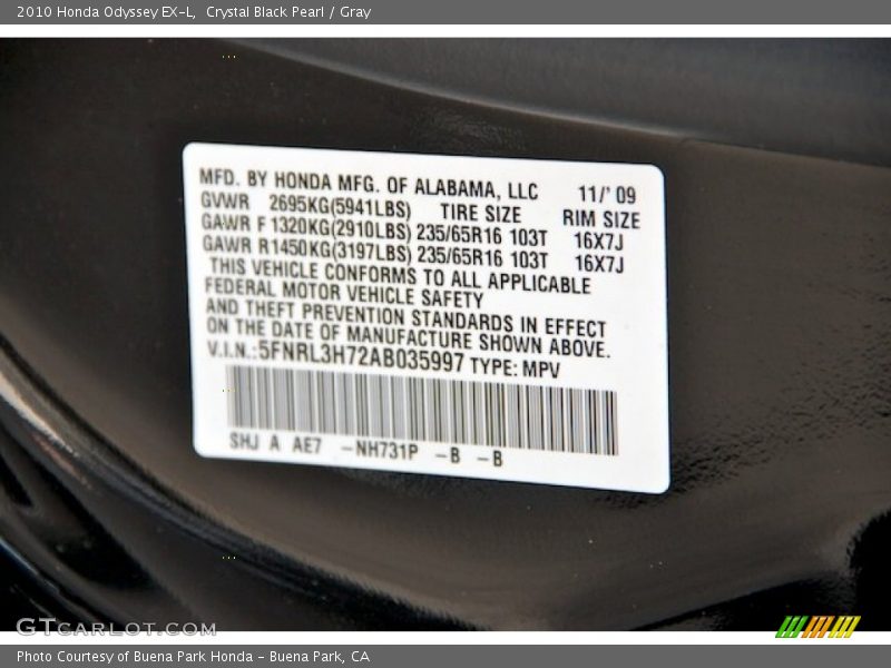 Crystal Black Pearl / Gray 2010 Honda Odyssey EX-L
