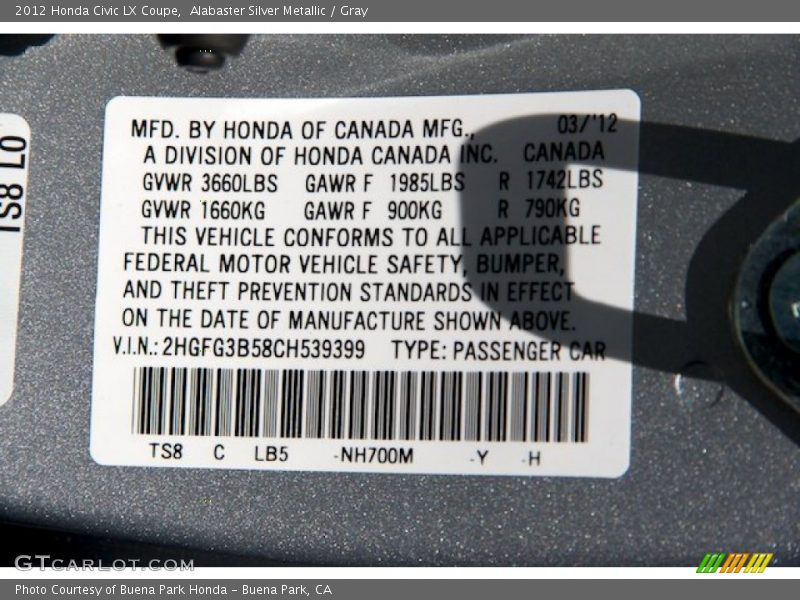 Alabaster Silver Metallic / Gray 2012 Honda Civic LX Coupe