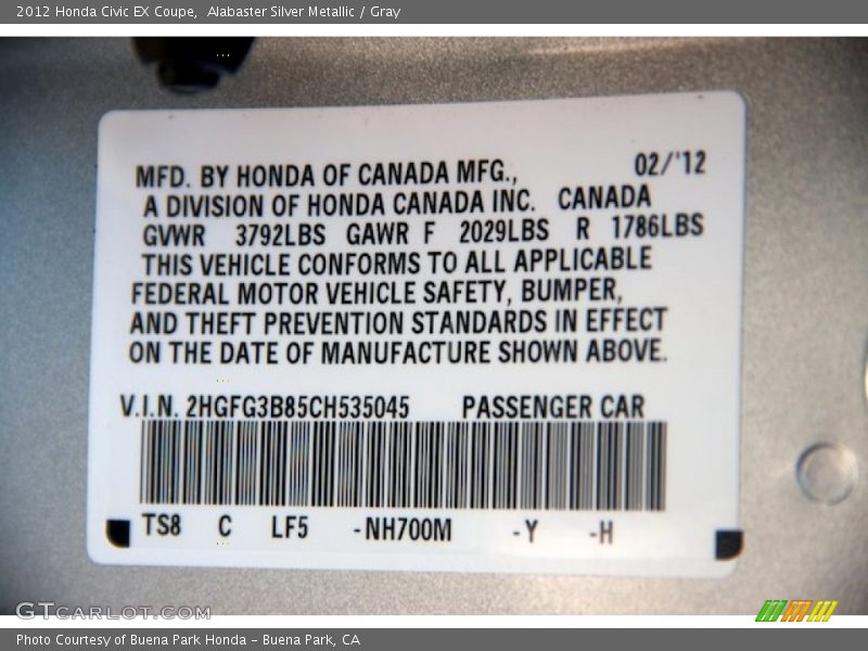 Alabaster Silver Metallic / Gray 2012 Honda Civic EX Coupe