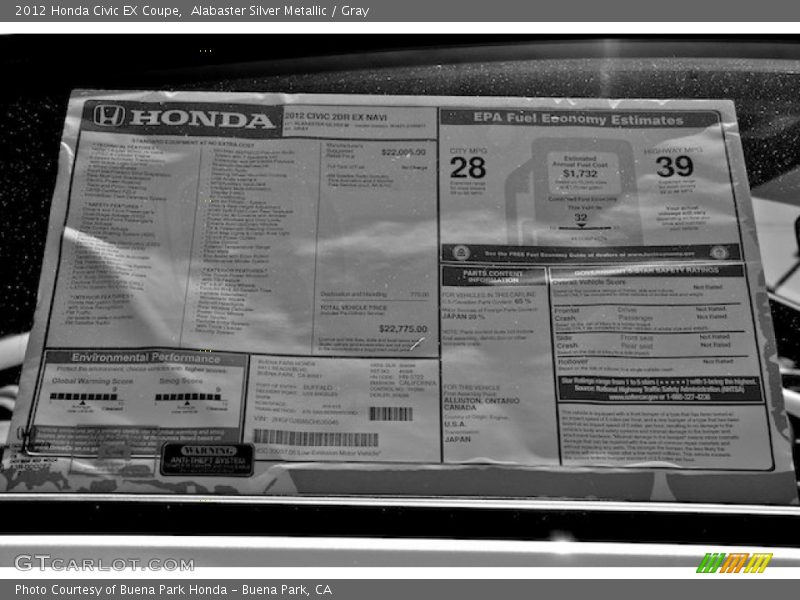 Alabaster Silver Metallic / Gray 2012 Honda Civic EX Coupe