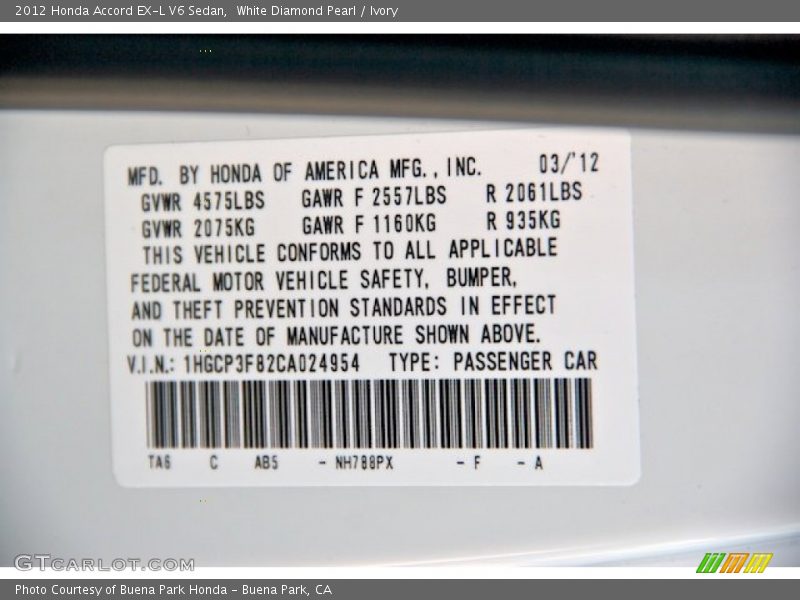 White Diamond Pearl / Ivory 2012 Honda Accord EX-L V6 Sedan